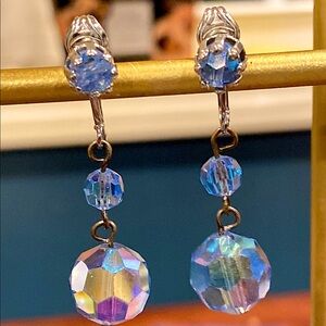 Blue Crystal Aurora Borealis Clip Earrings in Silver Tone